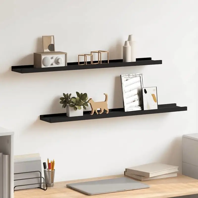 2 étagères murales noires en MDF 80x9x3 cm, design en U avec bord avant anti-chute, étagères flottantes pour exposer des cadres photo, des tableaux et de petits objets décoratifs, rangement mural minimaliste pour salon, chambre et bureau