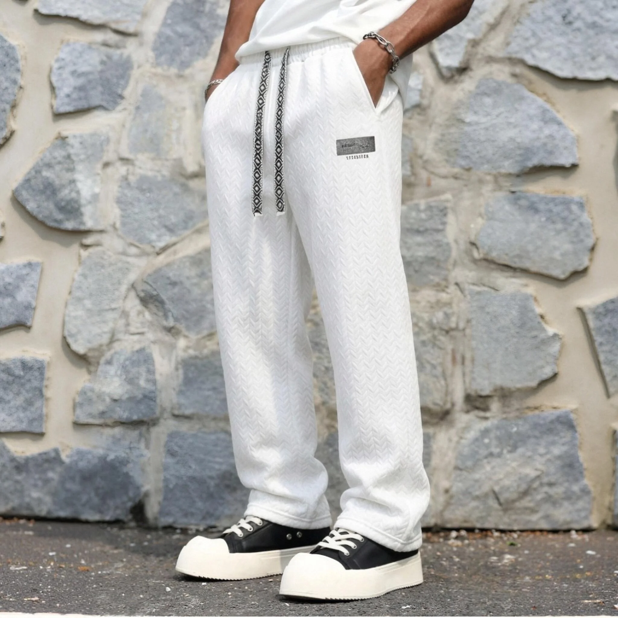 Casual Men Jacquard Textured Wide Leg Pants Woven Drawstring Elastic Waist Small Badge Loose Straight Male Streetwear Pants