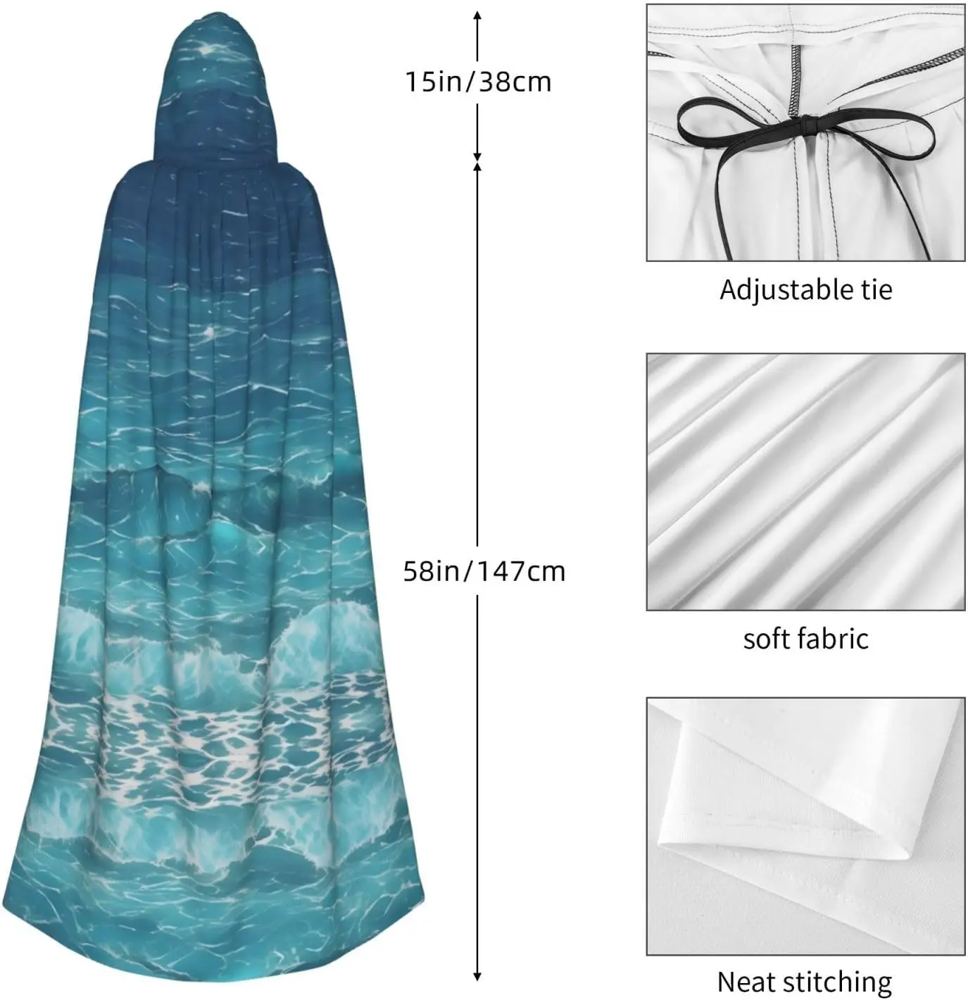 Halloween Adult Hooded Cape Cloak The Deep Blue Sea Pattern Super Large Hooded Cloak With Bow Tie