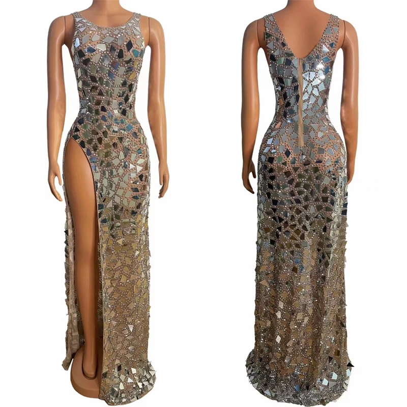 Flashing Women Full Diamond Slit Dress Lens Reflective Long Dress Mirrors Costume Birthday Party Prom Outfit Stage Wear XS2568