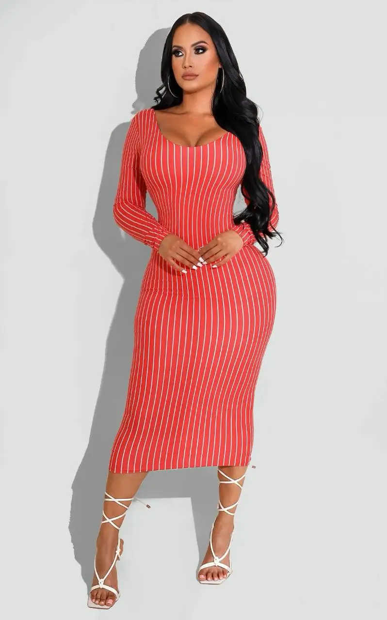 Plus Size Fashion Women's Printed V-neck Slim Long Sleeve Dress
