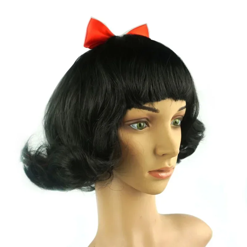 Adult Women Short Bob Wave Black Cosplay Wig with Bow Snow White Role Play Halloween Costume Wig Anime Party Wig