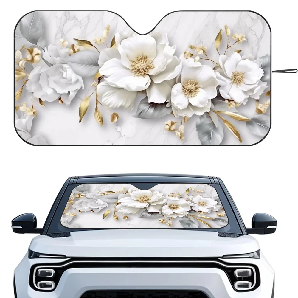 

Goln White Flowers Car SunSha Heat-insulating Aluminum Film Windshield Sunshas UV Rays Blocks Car Sun Visor Protector