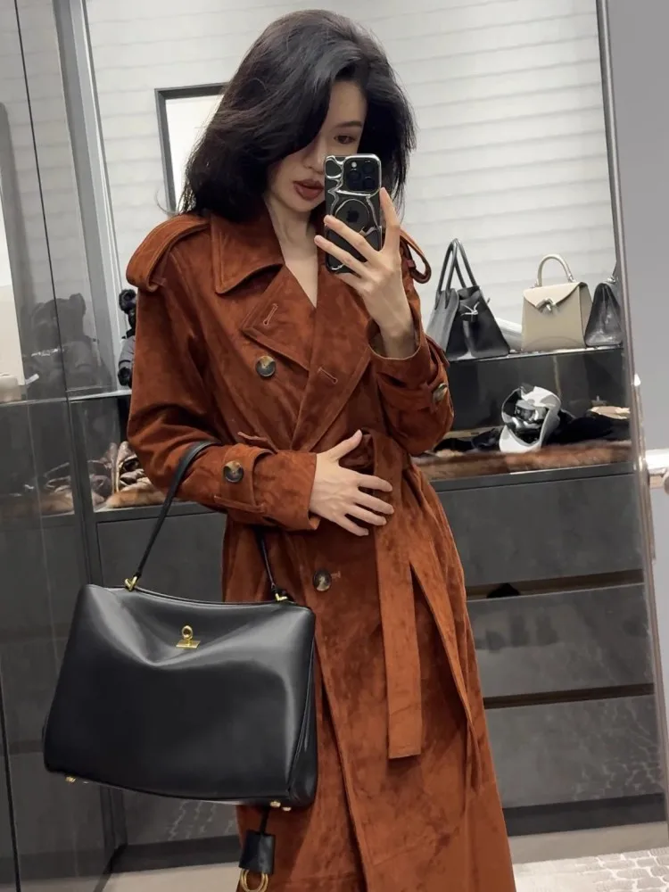 Italian Luxury Women Long Real Cow Suede Leather Jacket Double Breasted Belted OL Work Windbreaker Trench Genuine Leather Coat