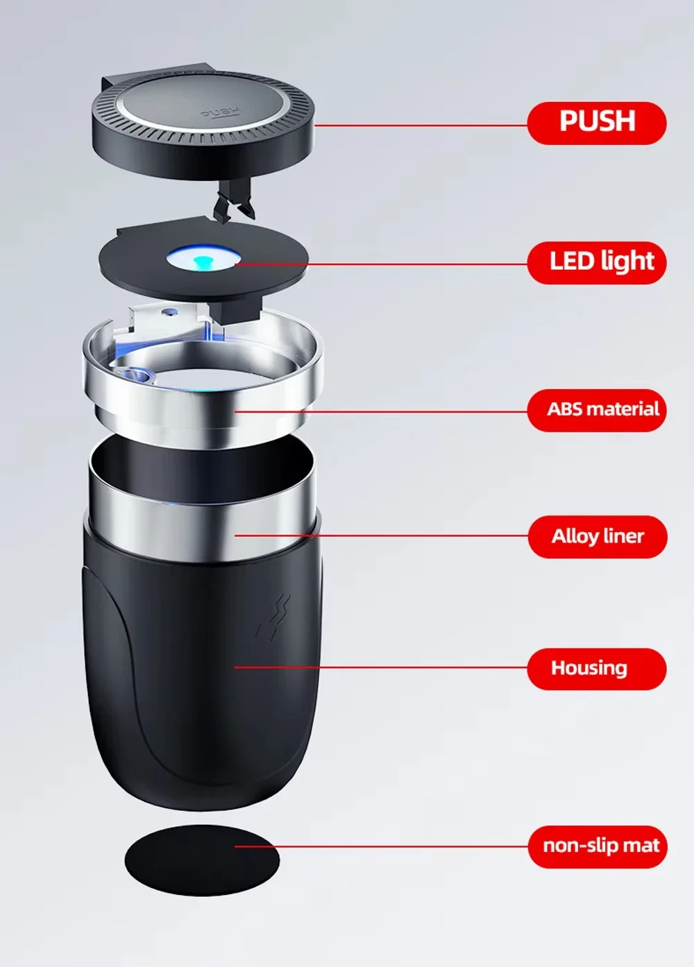 كوب منفضة سجائر السيارة مع غطاء مع ضوء LED محمول قابل للفصل حامل منفضة سجائر السيارة الأجزاء الداخلية