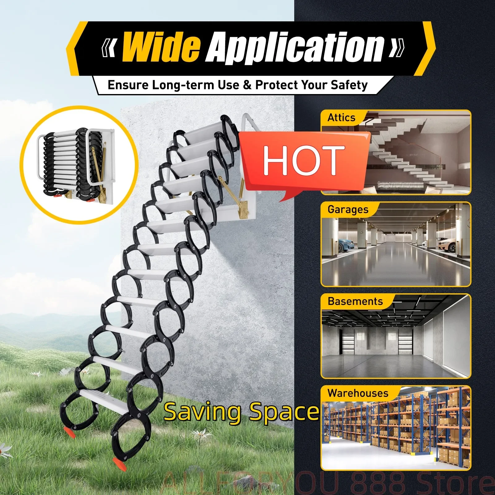 

2.88M Folding Attic Ladder 400Kg Load-bearing Saving Space And Durable Stepladder For Indoors, Outdoors