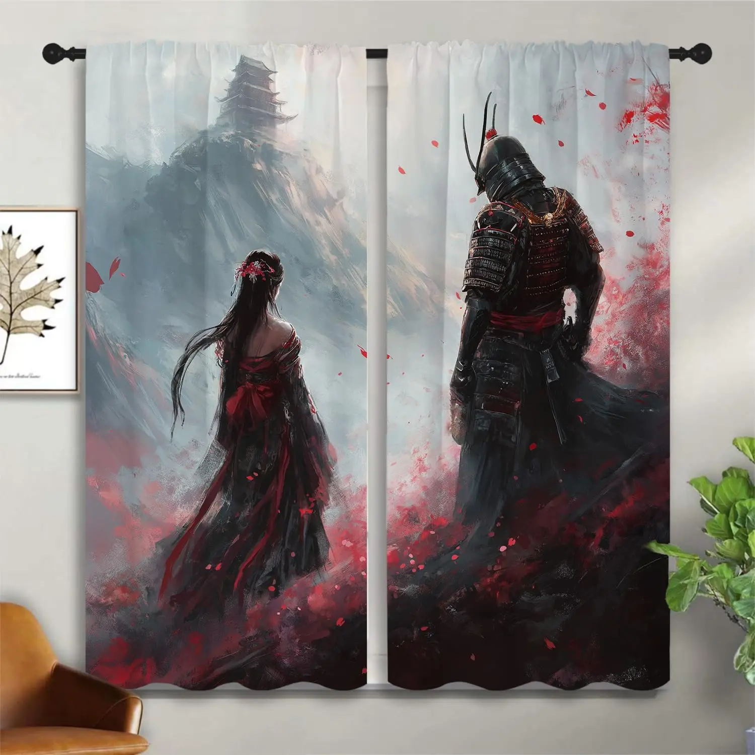 Japanese Samurai Boy Girls Blackout Curtains,Asian Geisha Girl with Cherry Blossoms, 2 Panel Rod Pocket Thermal Insulated Drapes
