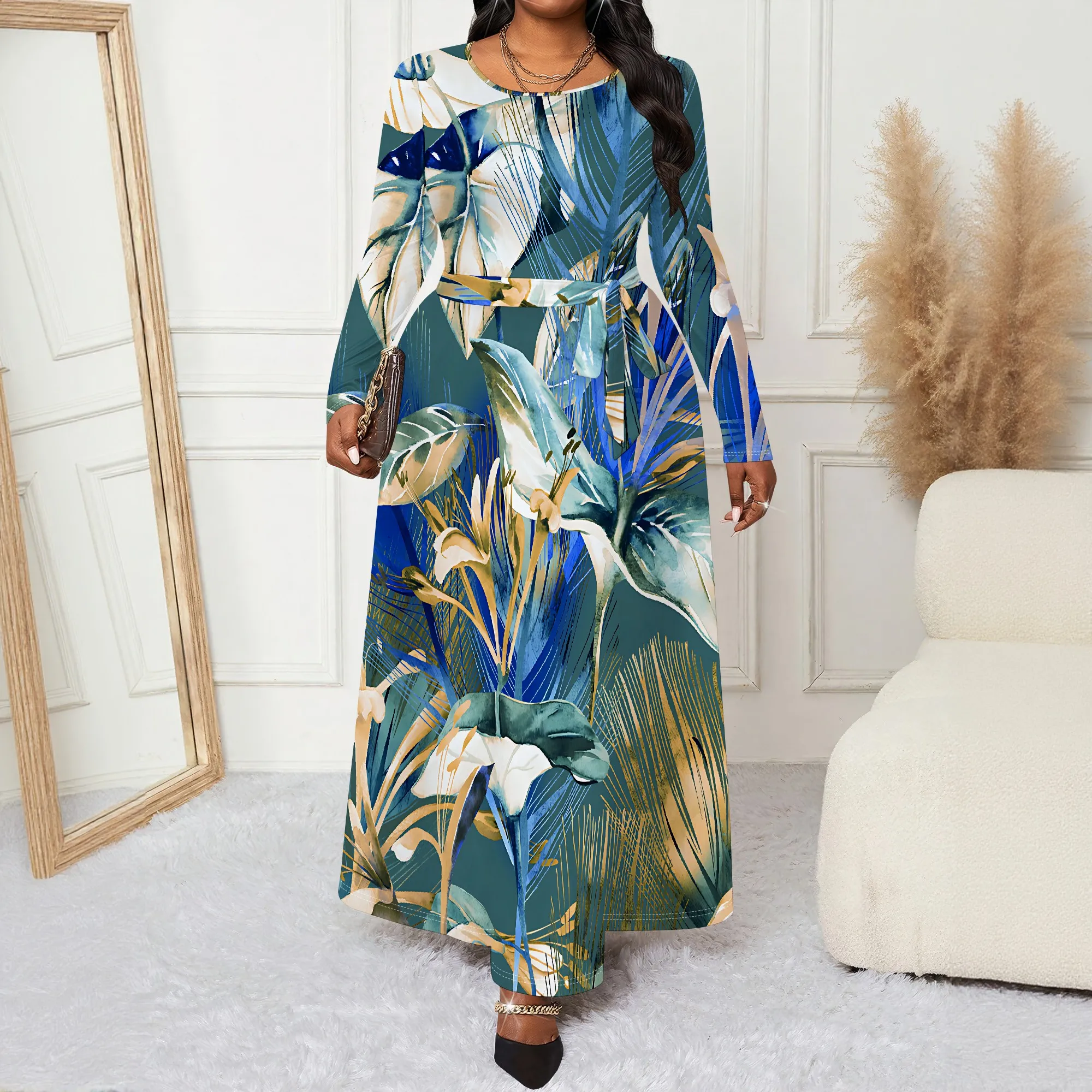 

Plus Size Women's Long Sleeved Belt Dress, 3D Printed Fashionable Pocket Dress