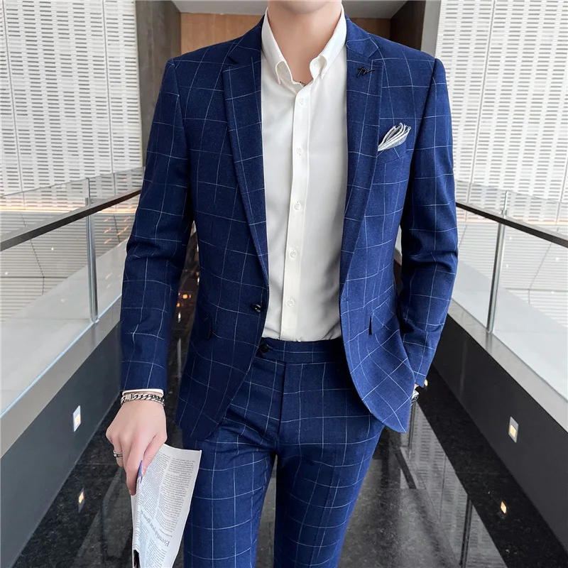 

wm17Plaid suit for men two-piece business suit small suit Korean style slim fit best man groom