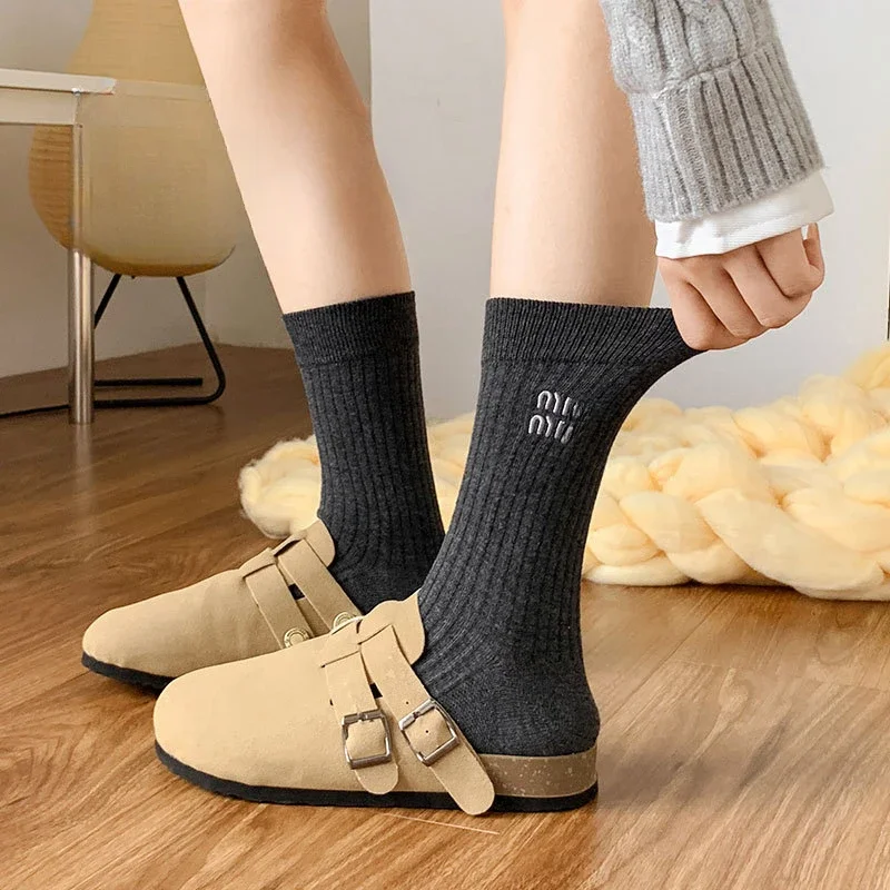 Stockings Socks Embroidered Letter Women's High Barrel Striped Double Needle Stacked Socks Birthday Gift