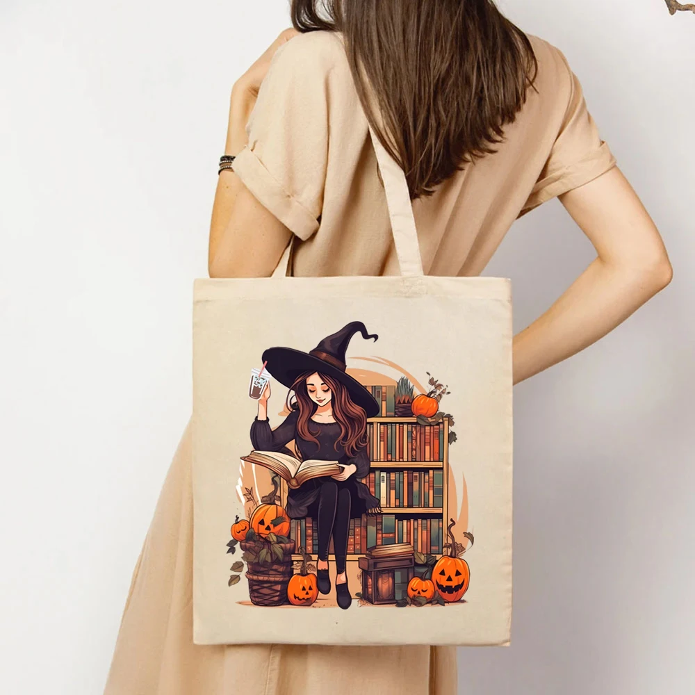 Pumpkin Witch Tote Bags Witchy Gift for Book Lover Ladies Shopping Canvas HandBag Bookworm Back To School Reading Librarian Gift