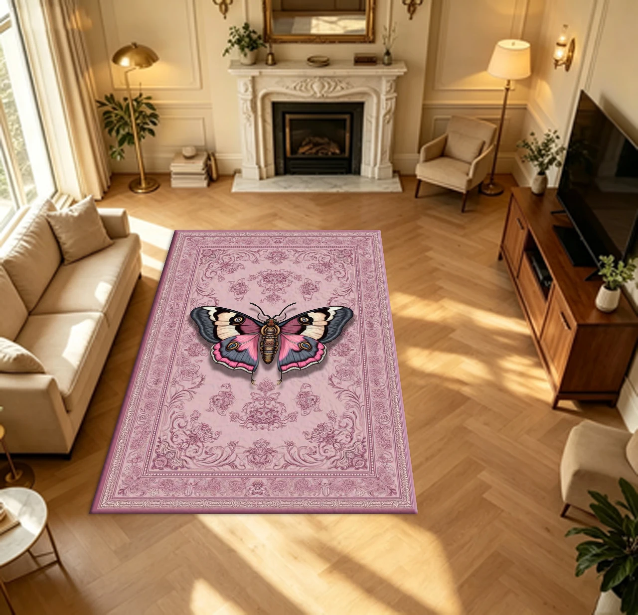 Elegant Retro Moth Butterfly Carpet Flooring Pink Ornate Floral Border Household Bedroom Indoor Decor Large Floor Area Rug