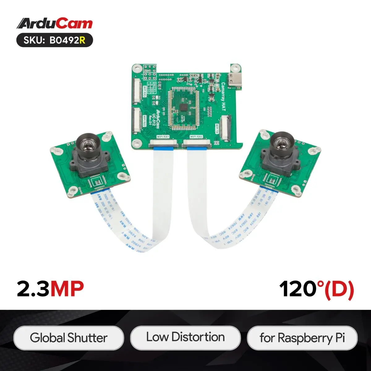 Arducam 컬러 글로벌 셔터 동기화 스테레오 카메라 번들 키트, 라즈베리 파이용, 2.3MP * 2 AR0234