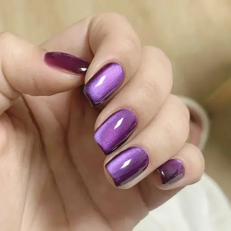 Francês Quadrado Cabeça Unhas Falsas, Roxo, Olho de Gato, Curto, Pressione, Vestível, Cobertura Completa, Acrílico, Pontas De Unhas, 24Pcs