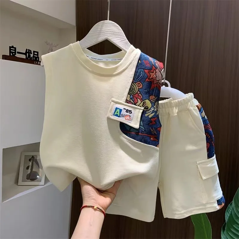 Fashion Sleeveless Pullover Shirt+Pocket Shorts 2 Piece Summer Outfits New Korean 2024 Boutique Clothing Baby Boys Sport Clothes