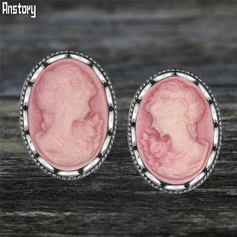 6 Colors Lady Queen Cameo Stud Earrings For Women Push Back Stainless Steel Stud Antique Silver Plated Fashion Jewelry TE524