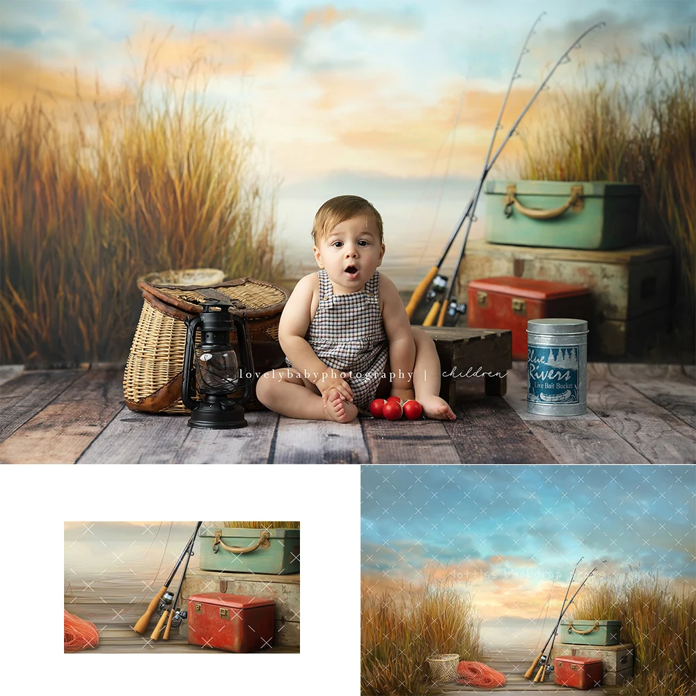 cenarios-de-pesca-a-beira-do-lago-criancas-bolo-de-bebe-aderecos-fotograficos-de-primeiro-aniversario-vara-de-pesca-palheta-fundo-de-grama-de-agua