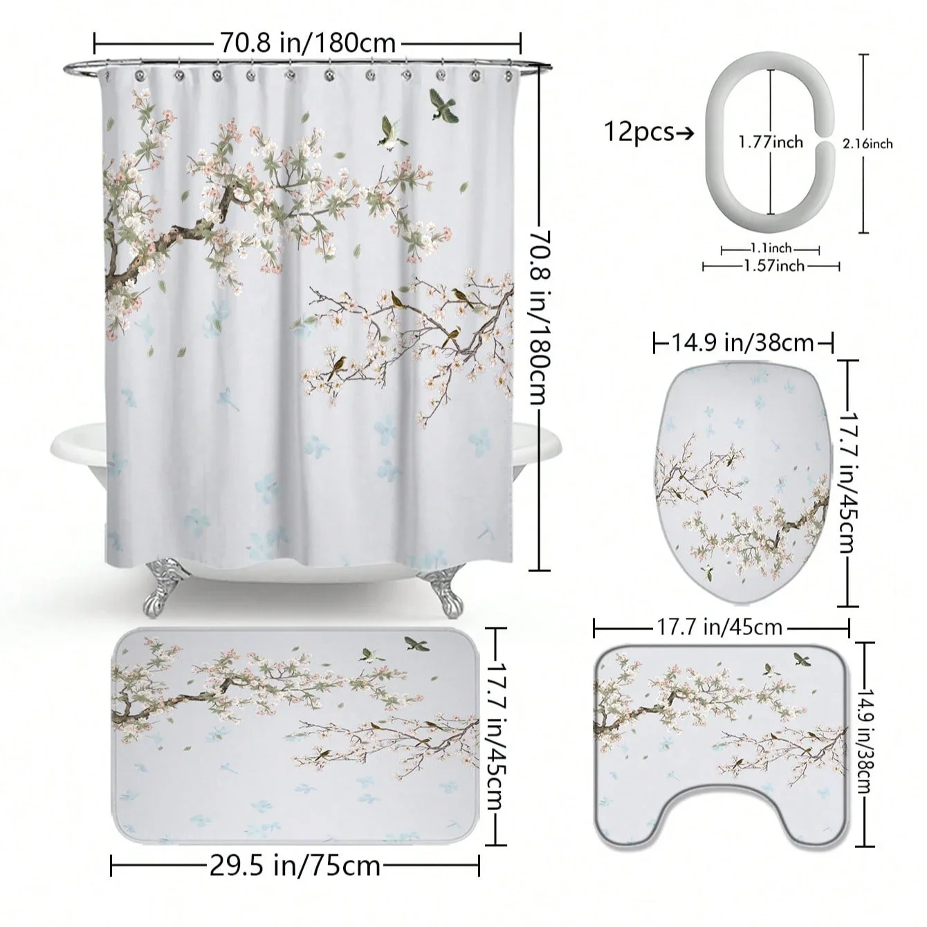 4pcs Modern style printing Shower Curtain Set With 12 Hooks, Anti-Slip Bathroom Mat, U-Shaped Toilet Rug, Bathroom Curtain Set