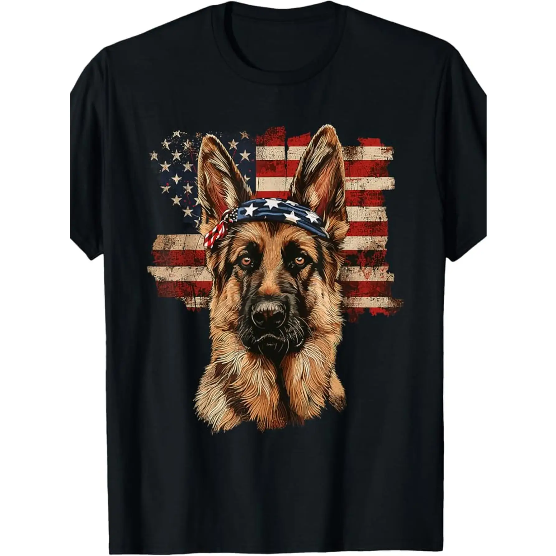 

American Flag German Shepherd T-Shirt Patriotic Dog Print Tee Unisex Cotton Short Sleeve Top Military Police K9 Gift