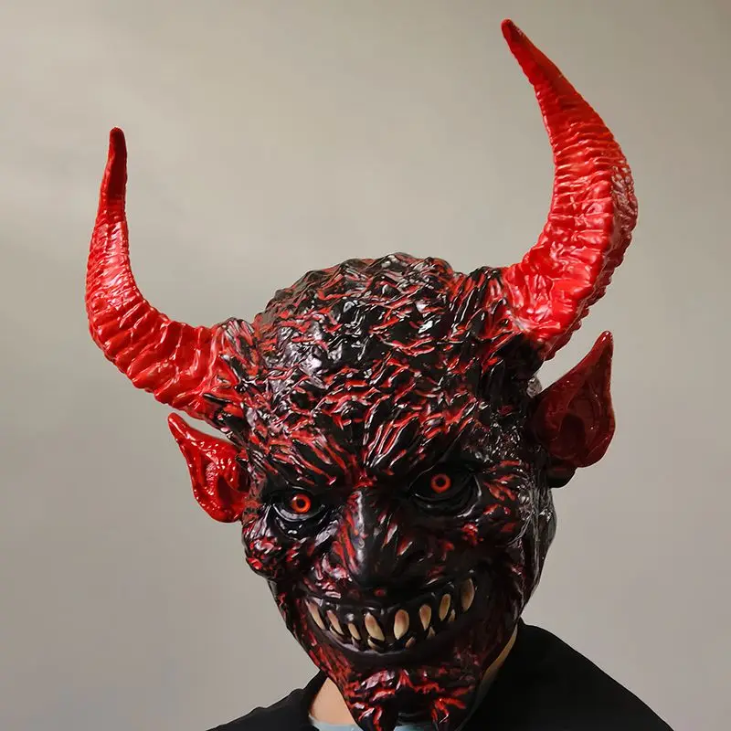 Red Satan Latex Mask Adult COS Halloween Party Demon Horn Horror Funny Performance Full Face Headgear