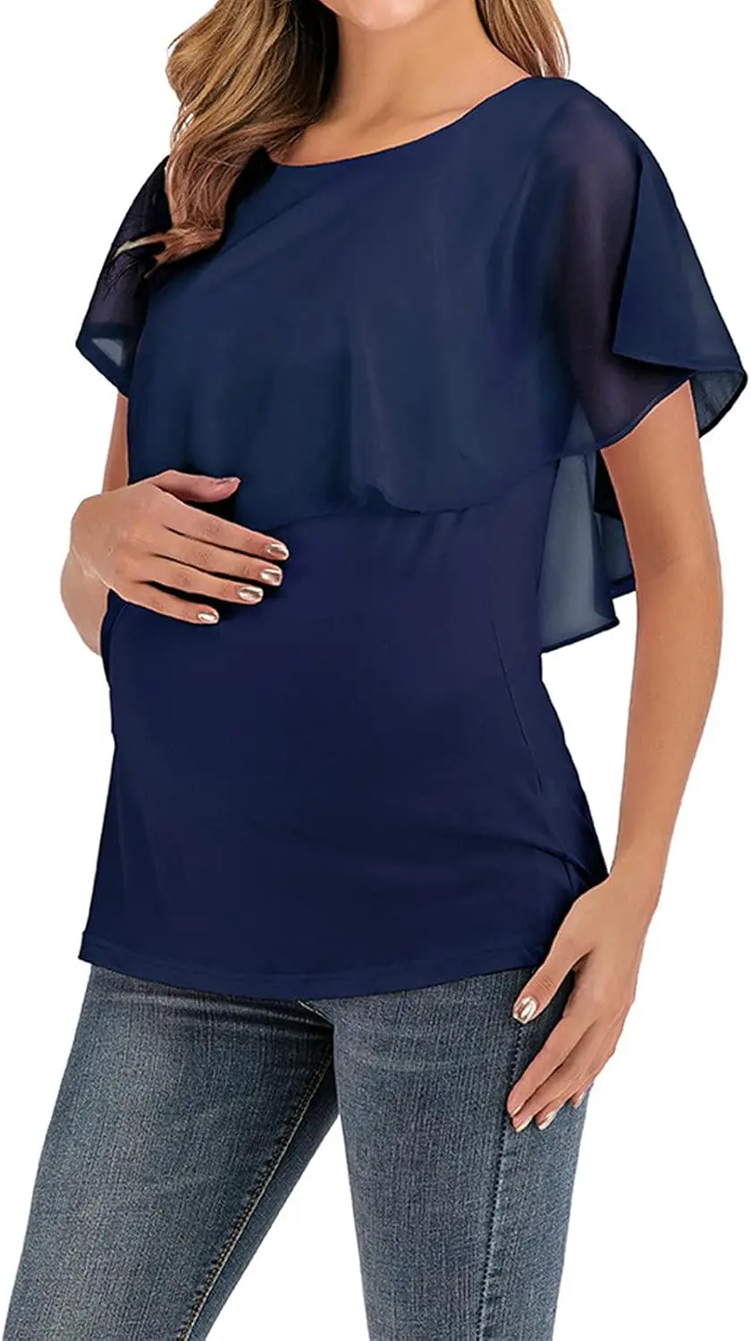 Women's Summer Maternity Nursing Tops Ruffle Short Sleeve Breastfeeding Top T-Shirt Double Layer Pregnancy Shirts Blouse