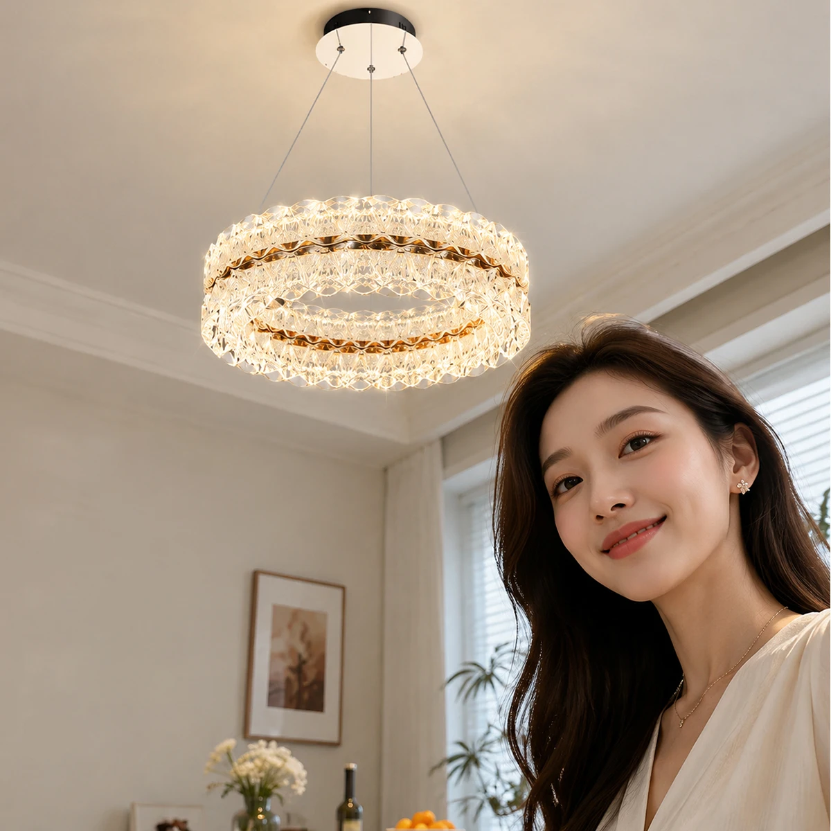 Modern Luxury Circular Swan‑Lake Crystal Chandelier, French Designer Creative Pendant Lamp for Living Room Bedroom Dining Room