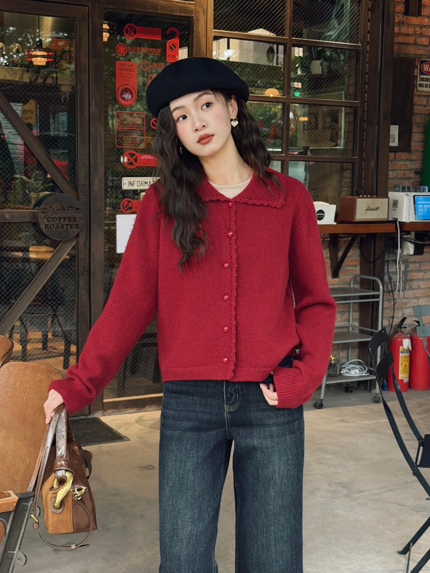 

Мягкий вязаный свитер-пальто с красным воротником, праздничный, свободный, универсальный, зимний, новый, для повседневной носки, для школы, для путешествий