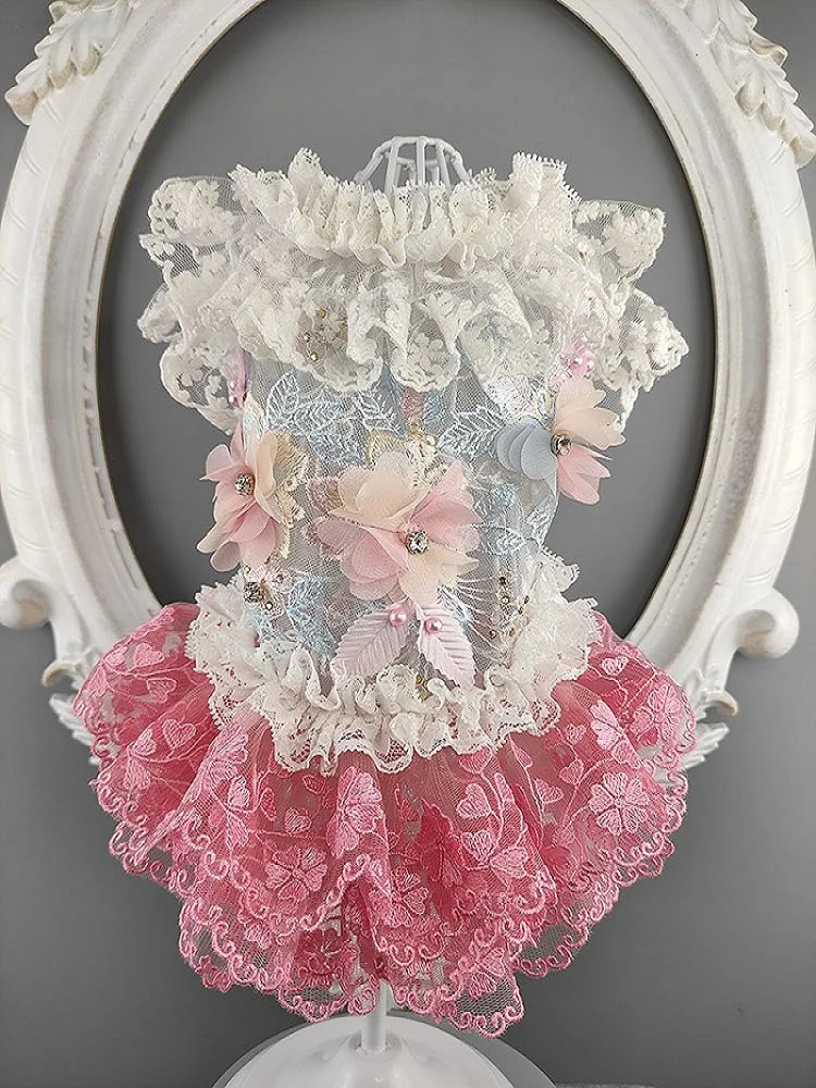 

Handmade Summer Dog Clothes Pet Supplies Lace Collar Gem Flowers Tulle Openwork Breathable Vest Dress Pink Skirt One Piece