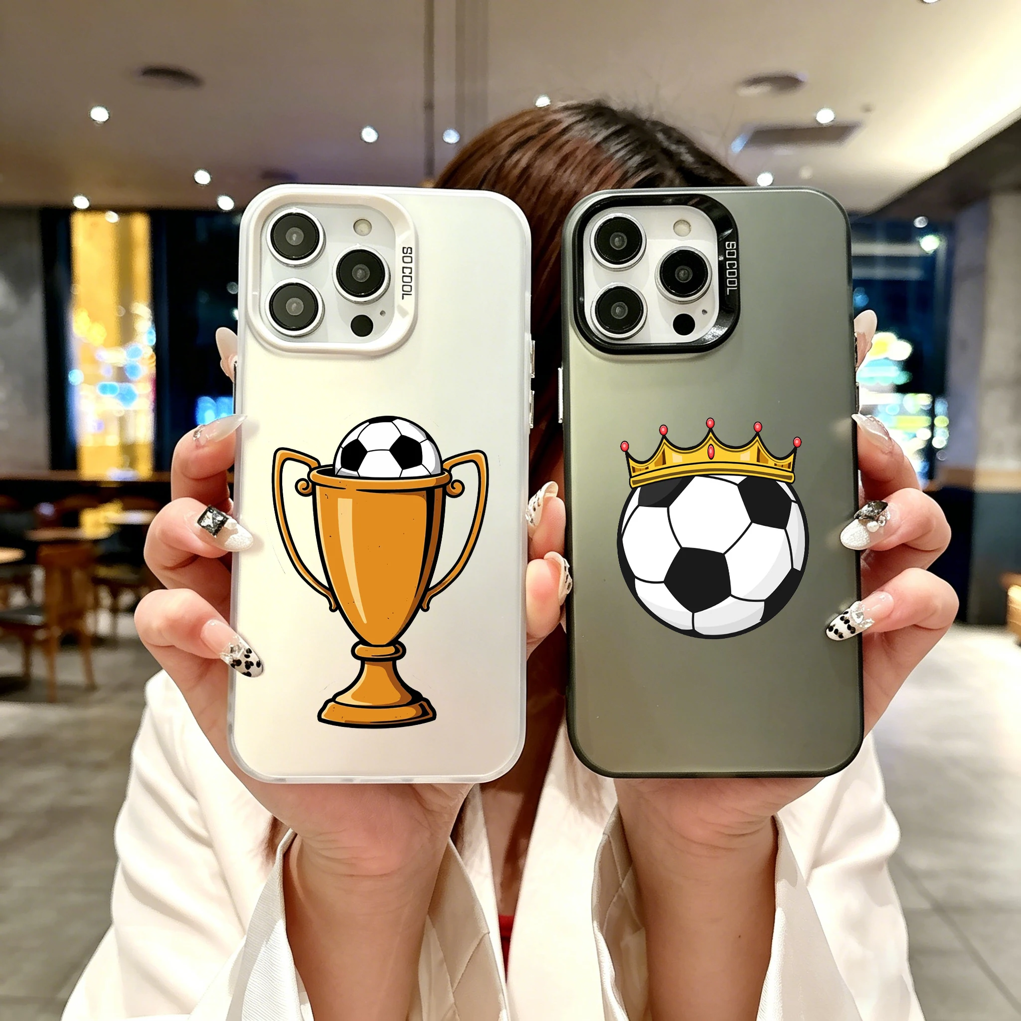 Coque de téléphone colorée pour iPhone 17 16E 16 11 15 14 Pro MAX 12 13 MINI 7 8 Plus XR SE, plaquée argent, IMD, motif Football Amour Champion