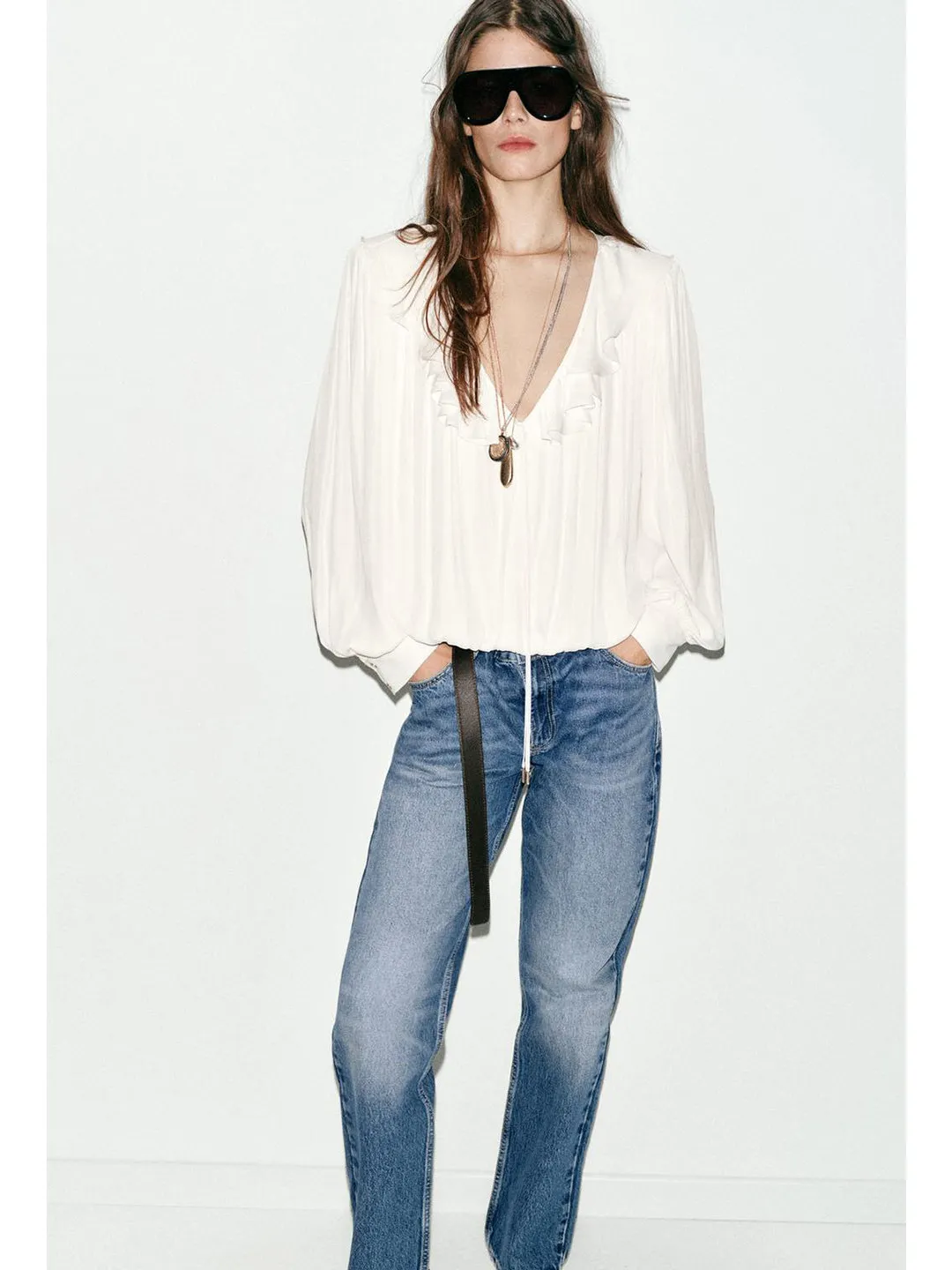 

Spring Women's Minimalist Deep V-Neck Long Sleeve Shirt with Shoulder Pads Layered Decorative Drapey Shirt Breathable Polyest...