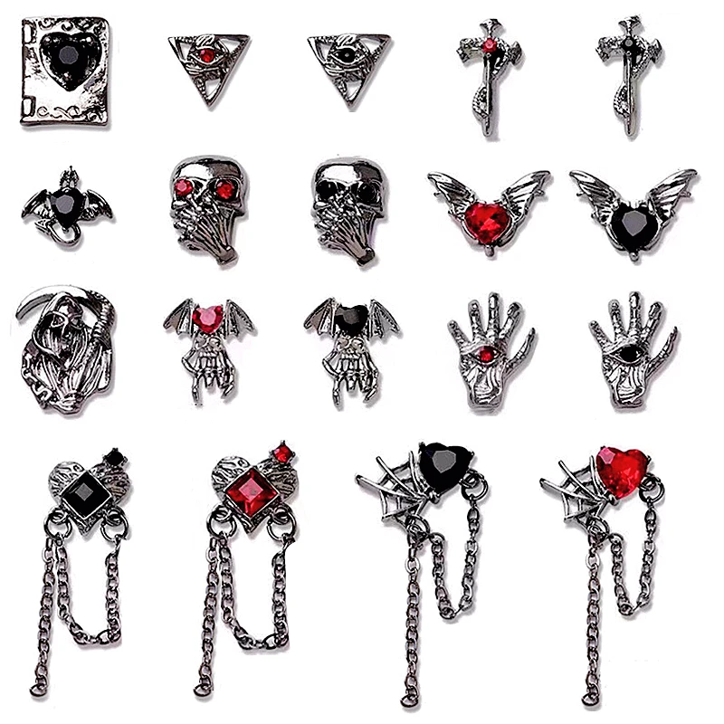 10Pcs Halloween Chain Pendant Nail Art Charms 3D Cross Skeleton Love Inlaid Red Black Gemstone Nail Decoration DIY Nail Supplies