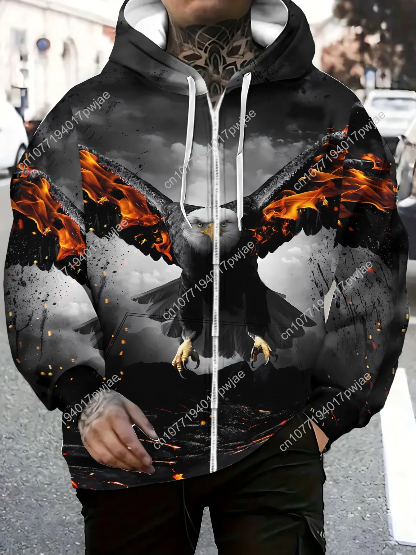 Moletom masculino com zíper Fiery Eagle, poliéster durável, leve e elegante, moletom com capuz gráfico em negrito, ajuste confortável, para viagens em academia ou