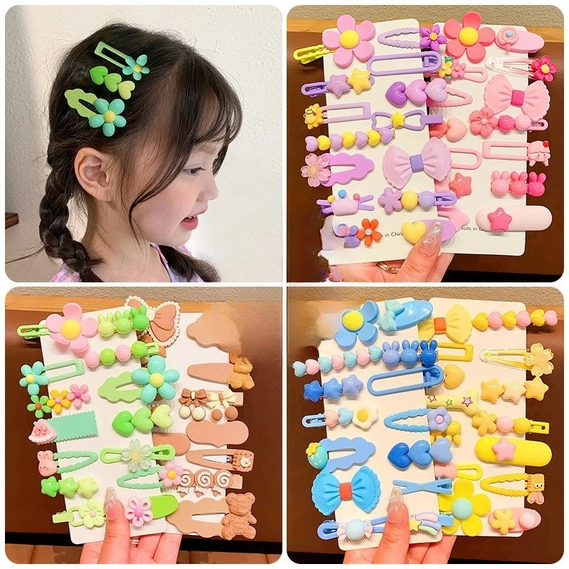 14-teiliges Set Cartoon-Haarspangen mit Schleife und Blume für Babymädchen, Gelbe und Rosa Haarklammern, Kopfschmuck für Kinder, Haaraccessoires in Bonbonfarben – Detail 1