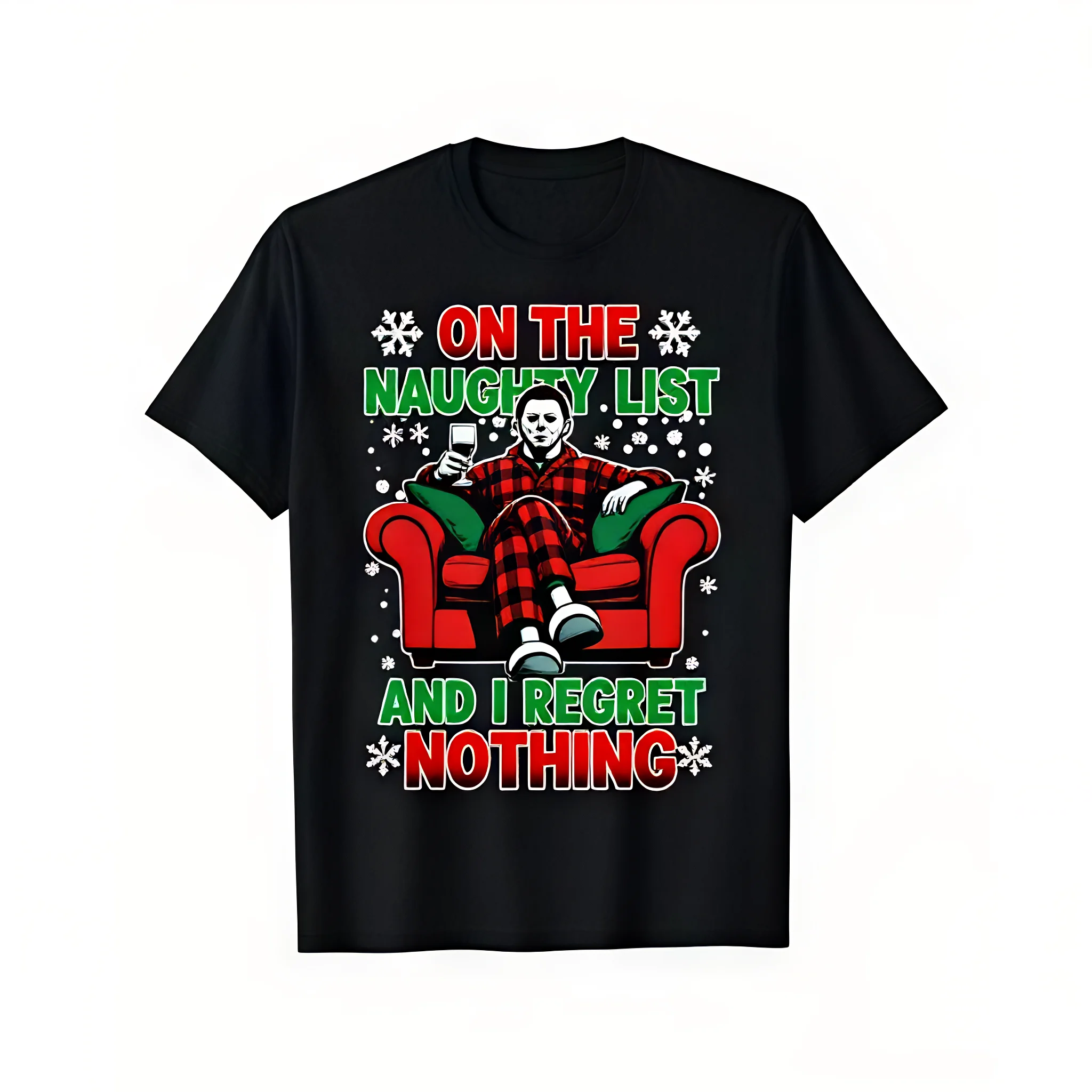 Men's Horror Christmas T-Shirt Funny Naughty List Saying with Red Armchair Design Heavyweight Cotton Halloween Thanksgiving Xmas Party Outfit Adult Graphic Tee Gift for Men Women XXXL Black Shirt with Green & Red Text Machine Washable - Menswear