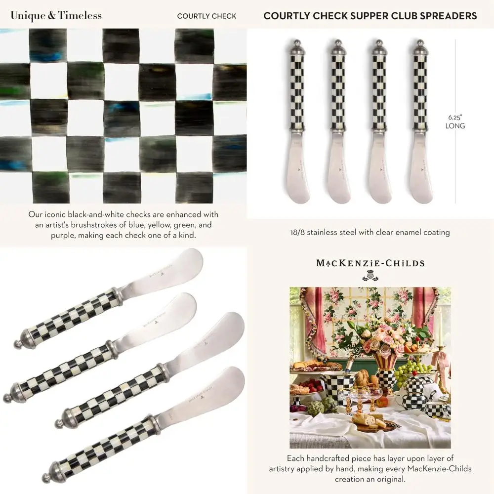 

Stainless Steel Butter Spreaders, 4-Piece Set, Black & White Courtly Check Pattern, Charcuterie Accessories