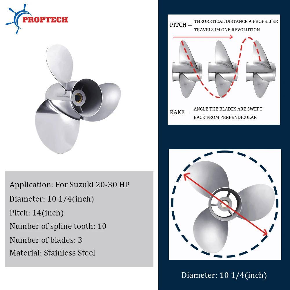 Outboard Propeller For Suzuki 20-30hp 10 1/4*14 Boat Motor Stainless Steel 3 Blade 10 Spline Ship Marine Engine Part