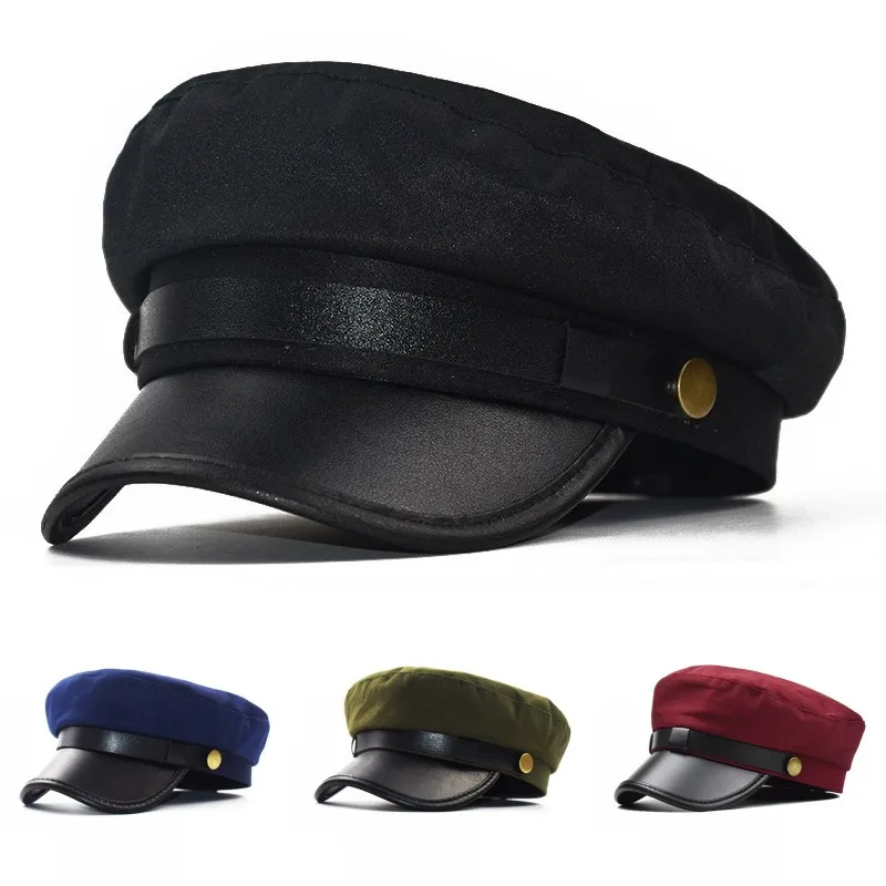 Gorras Militares Unisex de Cuero PU con Visera Plana, Gorras de Béisbol para Mujer, Gorra de Cadete para Deportes al Aire Libre, Gorra de Capitán con Visera Plana y Protección Solar