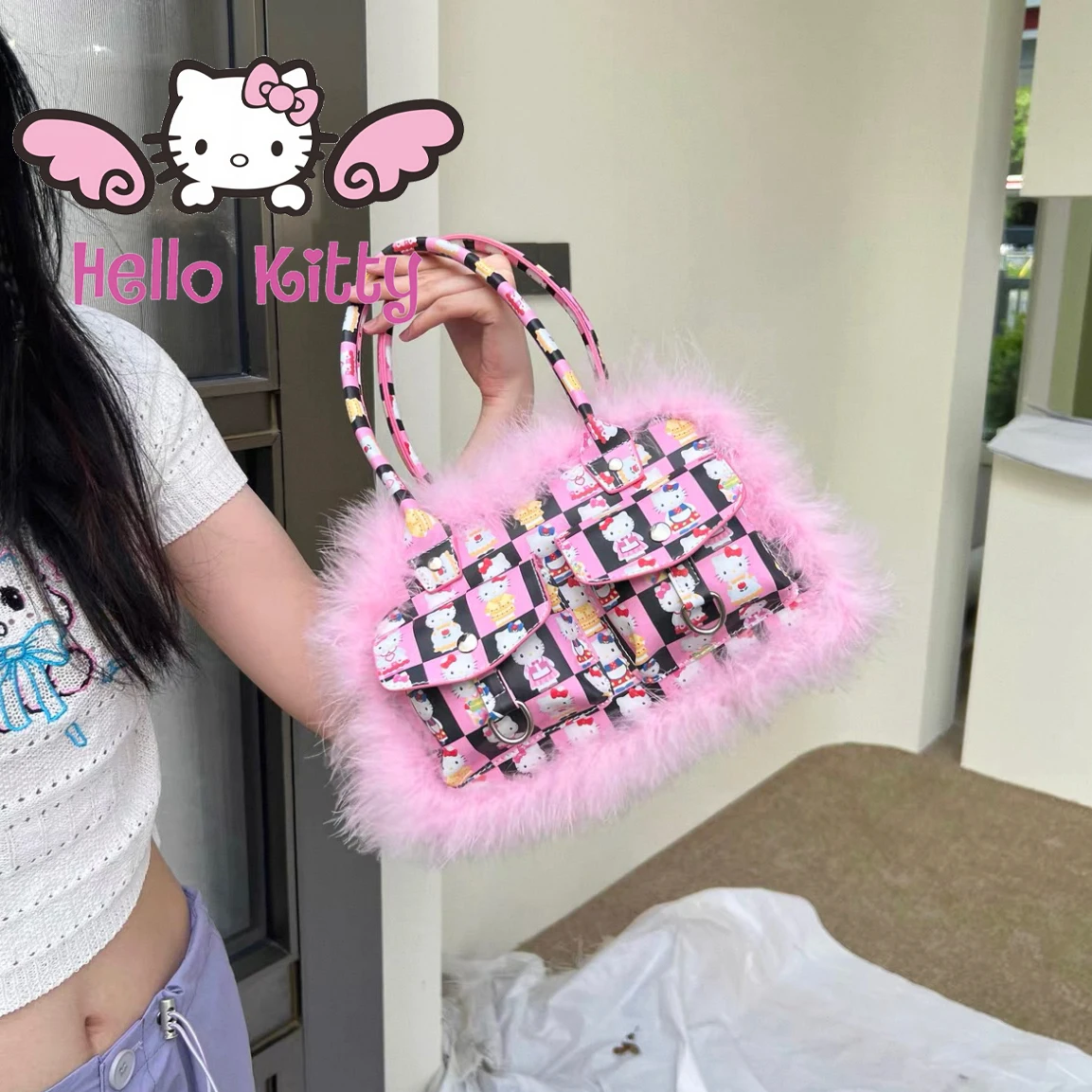 

Розовая новая сумка HelloKitty MINISO y2k с принтом, сумка hottie, сумка подмышки с мультяшным принтом, плюшевая сумка из искусственной кожи высокого качества