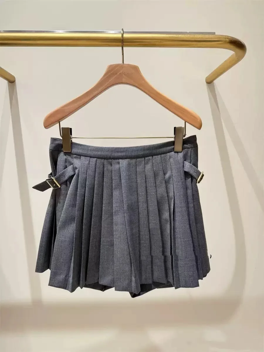 

M Home Early Autumn ey Pleated Skirt Women's High Waist A-Line Skirt College Sle Faion Slimming Versatile ort Skirt