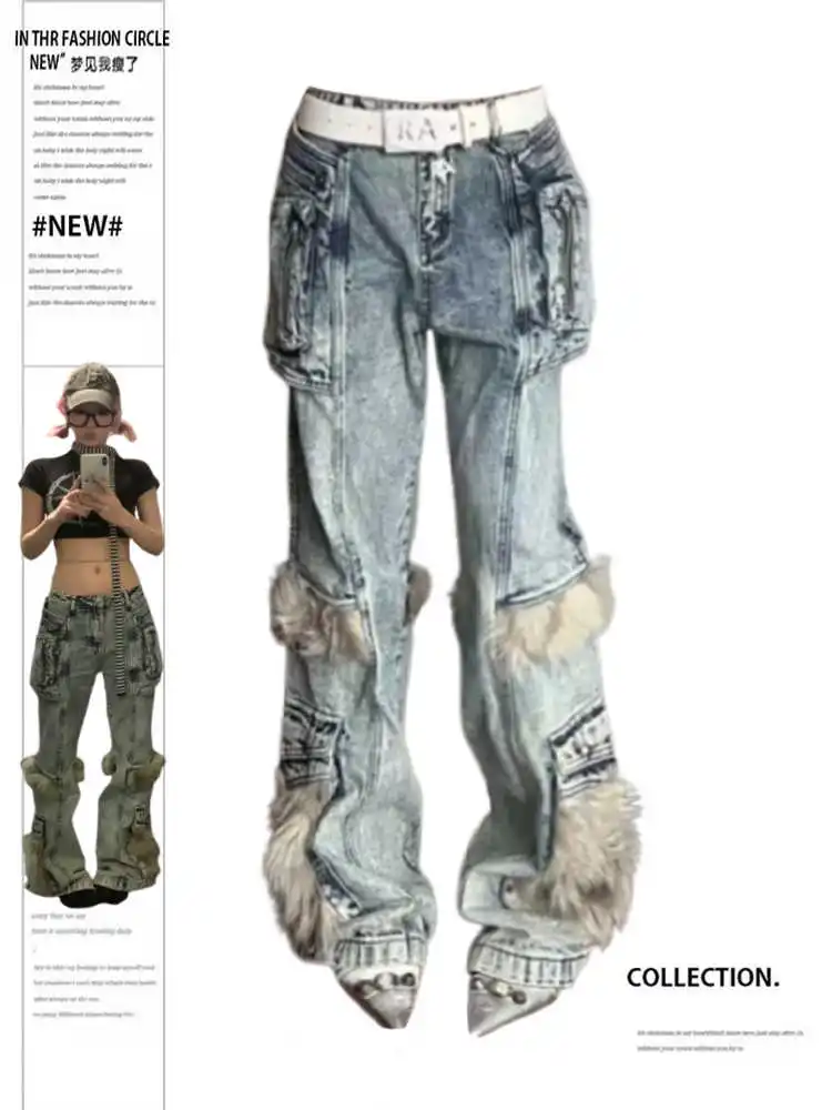 

Women's Y2k Cargo Jeans Harajuku Baggy Denim Trousers 90s Vintage Patchwork Flare Jeans Long Pants Japanese 2000s Style Clothes