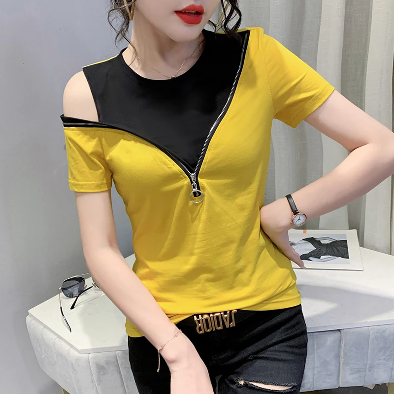 2023 Summer Korean Style Cotton T-Shirt Women Chic Sexy Off Shoulder Spliced Zipper Tops Short Sleeve Color Blocking Tees 35024