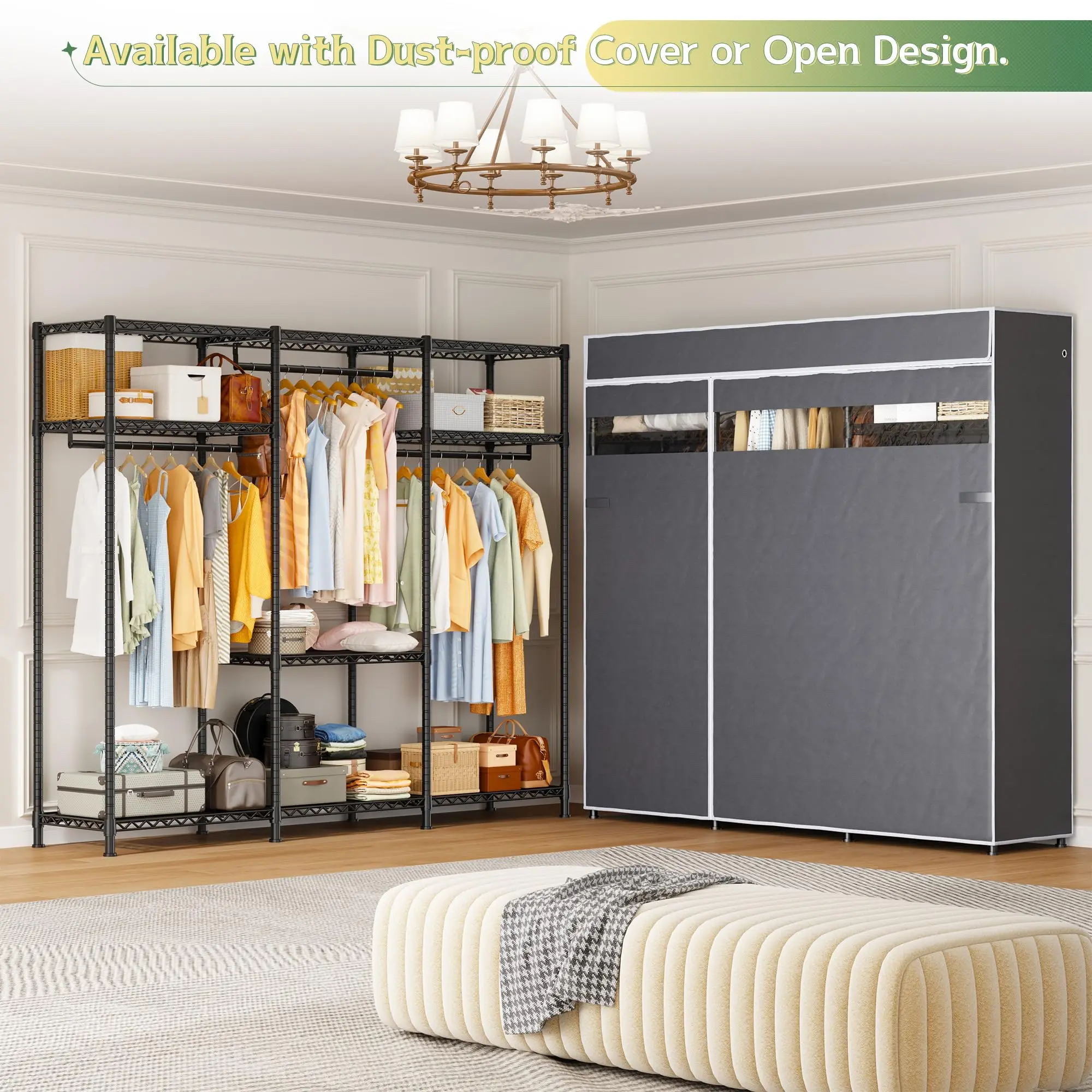 Clothes Rack, Heavy Duty Portable Closet with Cover, 3 Rods, 800LBS