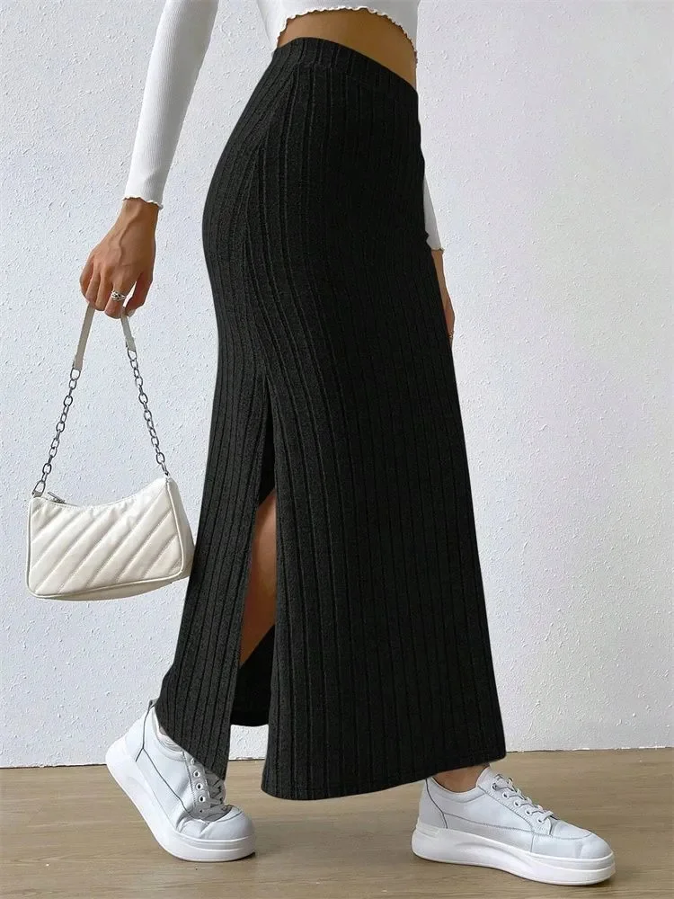 Women Rib-knit Side Split Maxi Skirt Autumn Spring Casual Elegant High Waist Straight Skirt