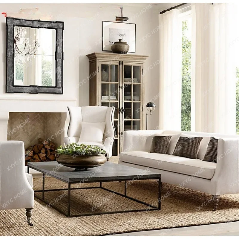 A   Furniture: Simple vintage cotton and linen fabric single sofa,  country three-seater sofa