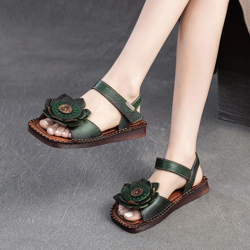 

GKTINOO 2024 New Fashion Round Toe Hollow Genuine Leather Sandals Roman Shoes Breathable Sandals Flat Flower Women Sandals