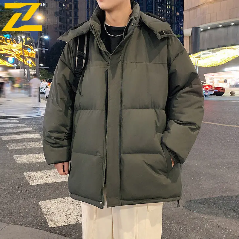 2025 New Winter Padded Jacket Men's Trendy Casual Solid Color Windproof Warm Hooded Parka Man Snow Very Cold Cotton Padding Coat