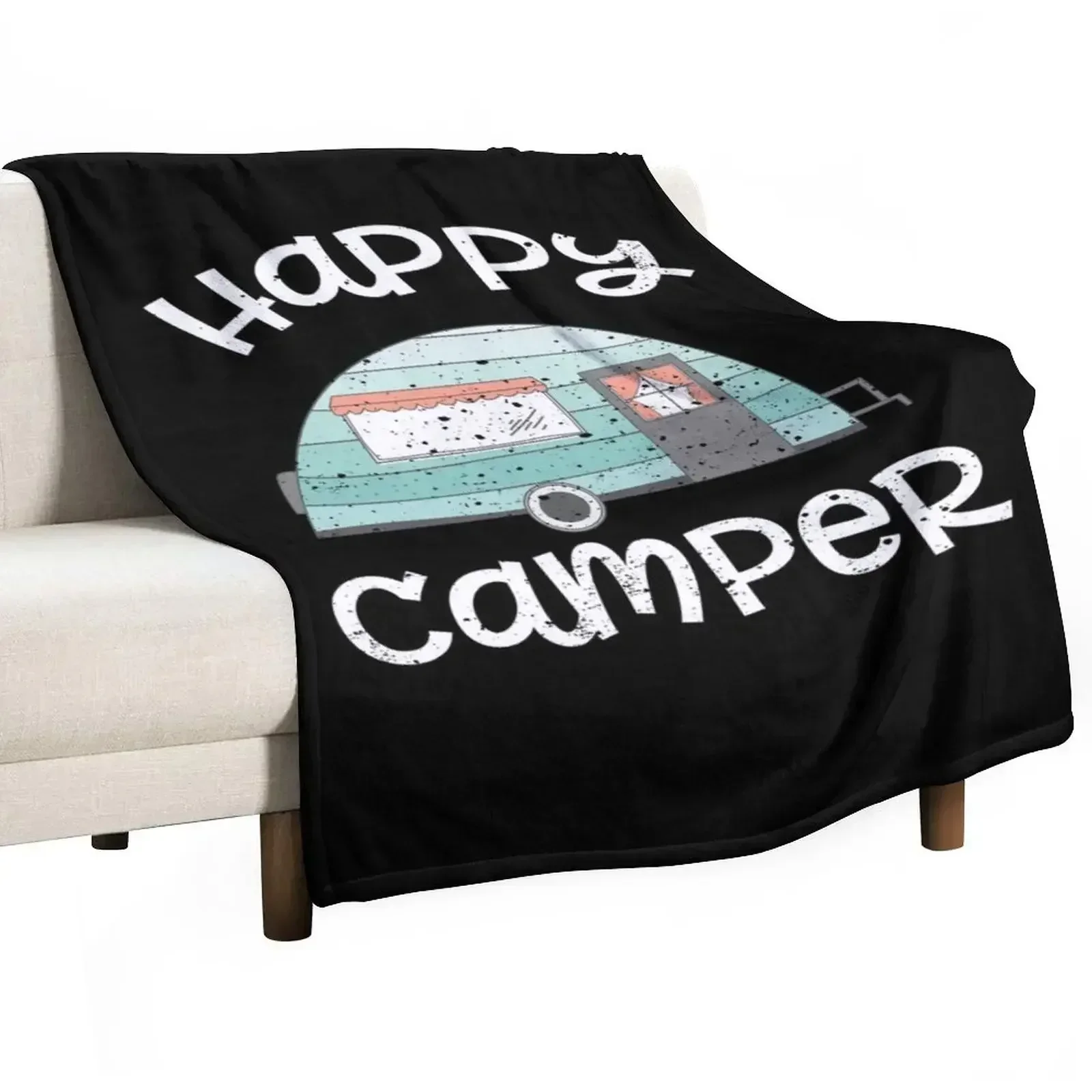 Happy Camper Retro Trailer RV Caravan Camping Throw Blanket Picnic Hairy cosplay anime Blankets