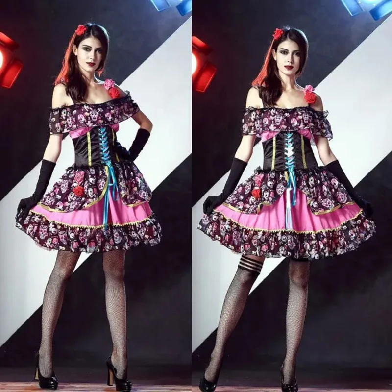 

25COSЖенский мексиканский костюм Дня мертвых ужасов, зомби, череп, костюм для взрослых, цветочная фея, призраки, невеста, косплей, вечерние наряды на Хэллоуин