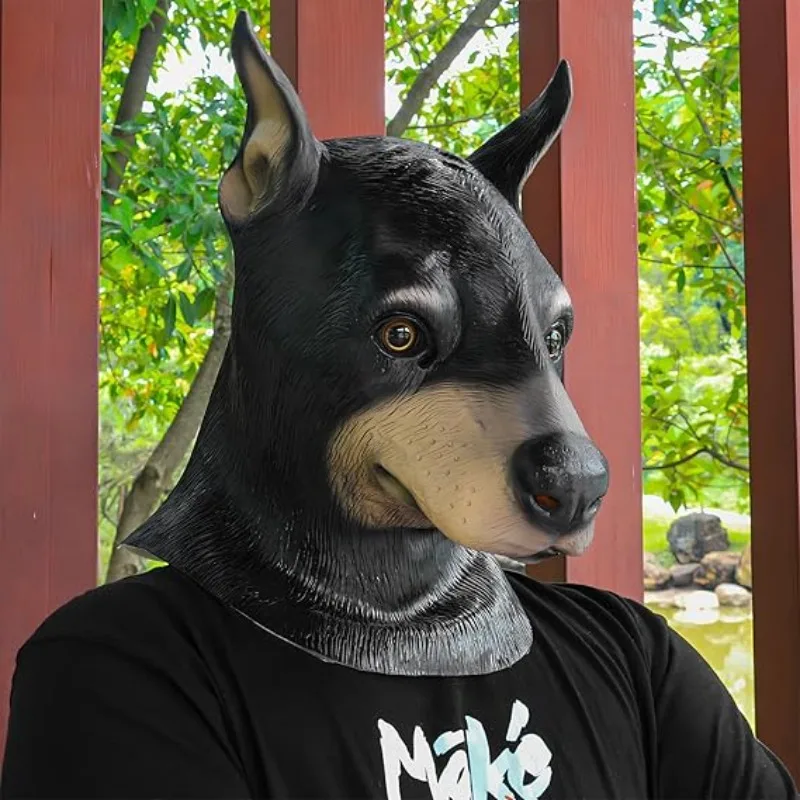 Maschera per cani realistica Testa di Doberman nera Divertente maschera per animali in lattice Vestito operato Festa di carnevale Maschera per costume cosplay di Halloween per uomo