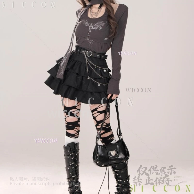 Черная юбка в стиле аниме 2025 Y2k Jirai Kei для девочек, готическая корейская одежда средней длины, короткая юбка, универсальная милая пышная юбка, высокое платье-u